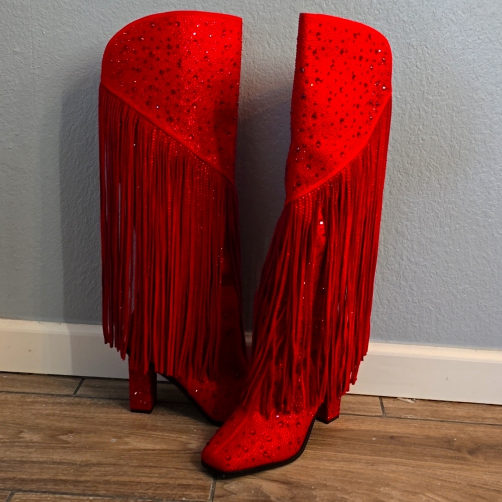 Jessica Simpson knee high wicked red supreme fringe boots